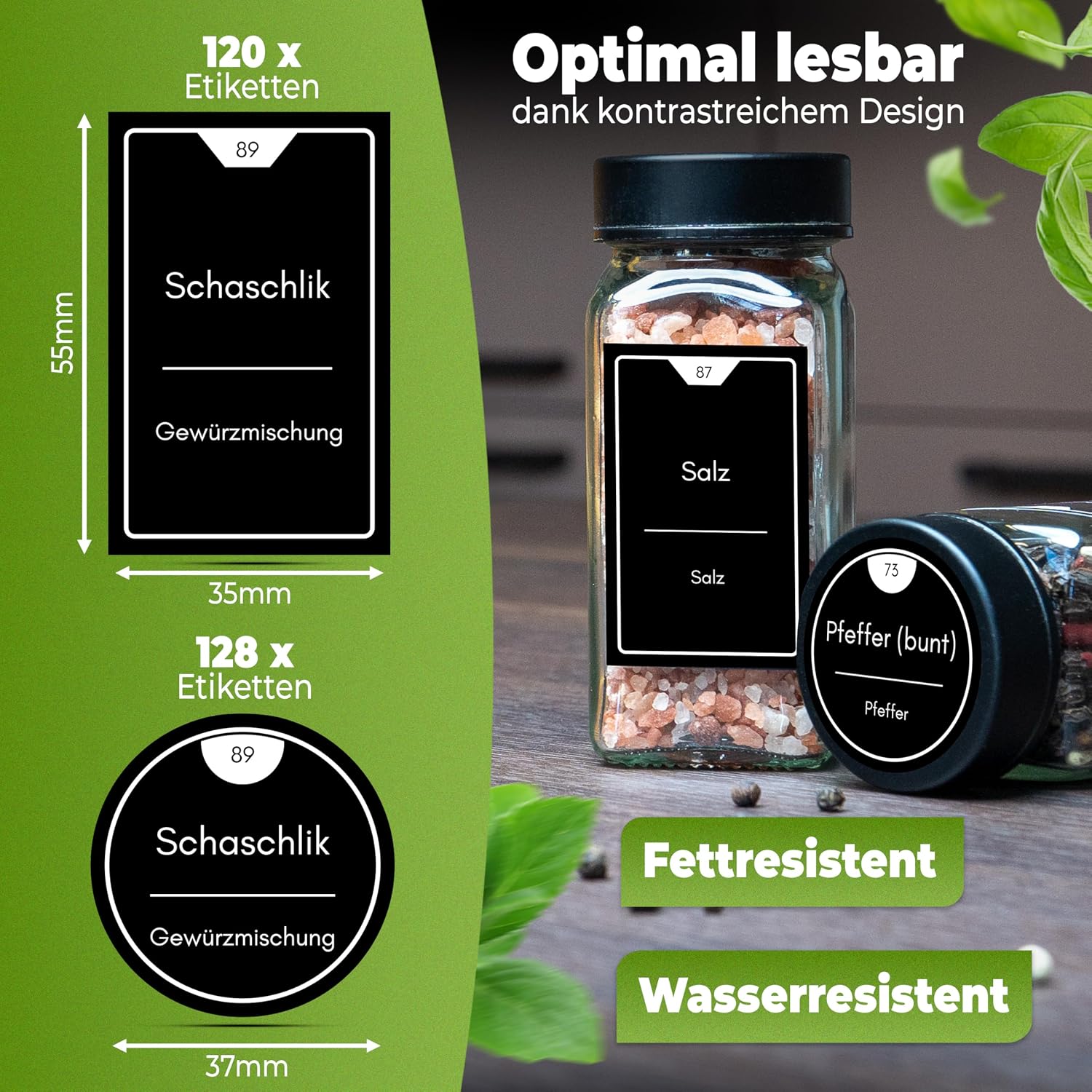 Detalle de CLIDOR Gewürzgläser eckig, 24 × 125 ml – luftdicht, mit Streueinsatz & 248 Etiketten