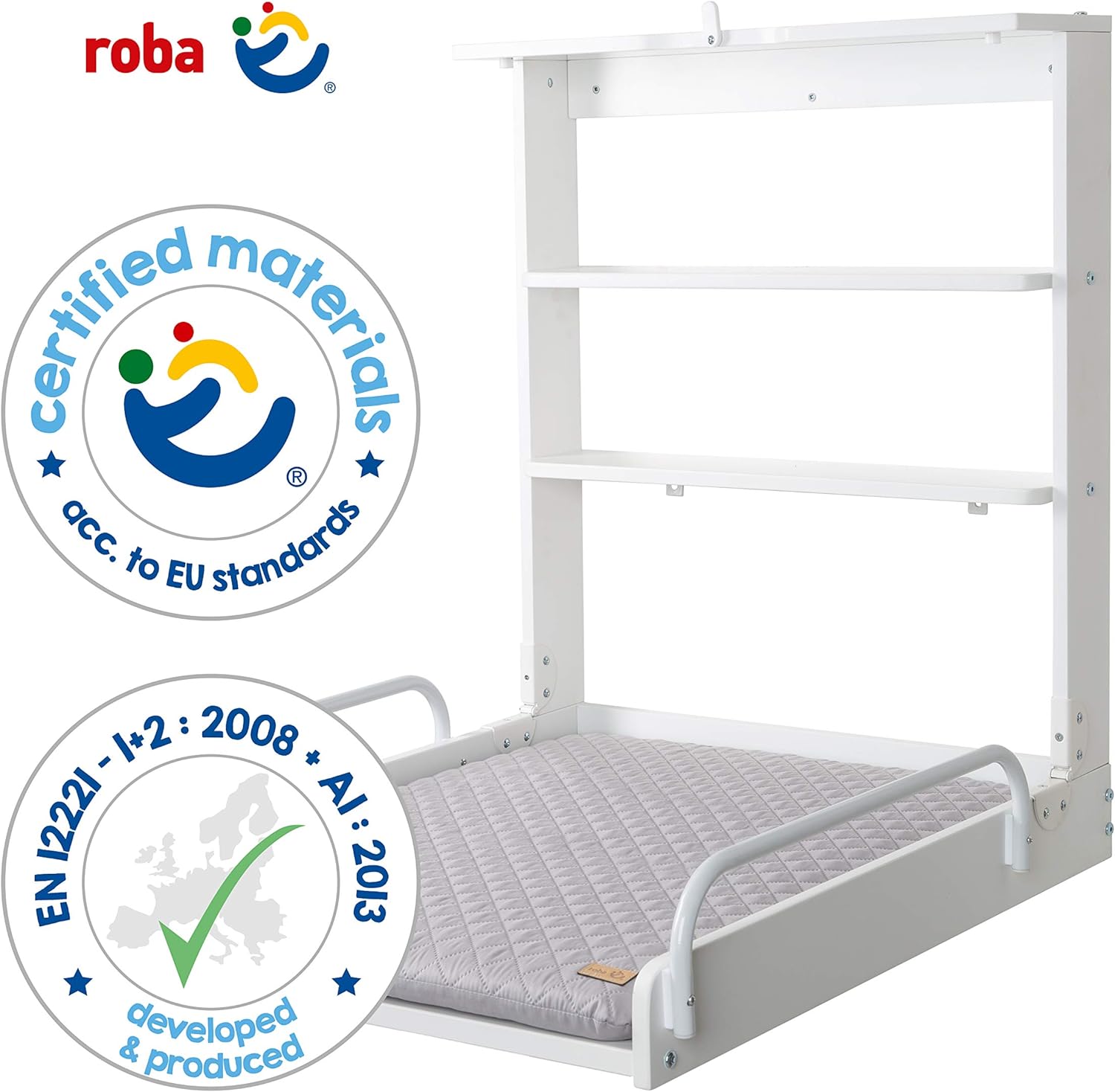Thumbnail 1 de Roba Table à Langer Murale Rabattable + Matelas à Langer Imperméable – Style Gris Piqué, Bois Laqué Blanc