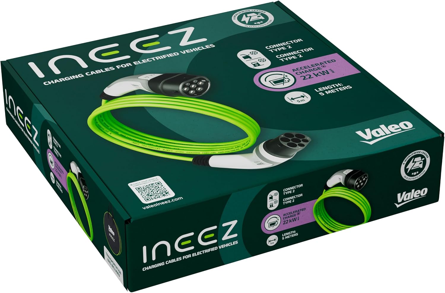 Thumbnail 1 de VALEO Ineez 652105 – Câble de charge véhicule électrique/plug-in Type 2 vers Type 2 (jusqu’à 22 kW) avec sac de transport, 5 m