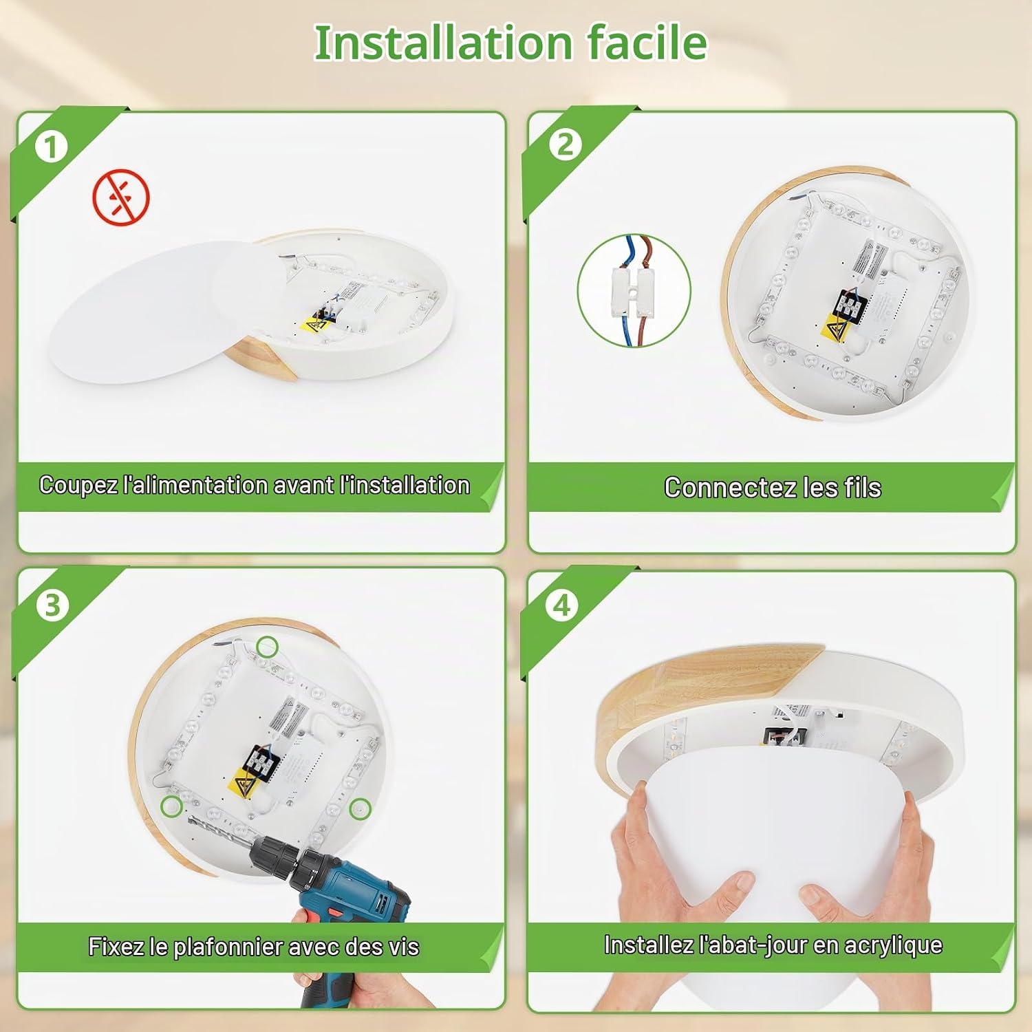 Detalle 2 de Kimjo D0495 houten led-plafondlamp, 24 W, 4500 K en 2400 lm