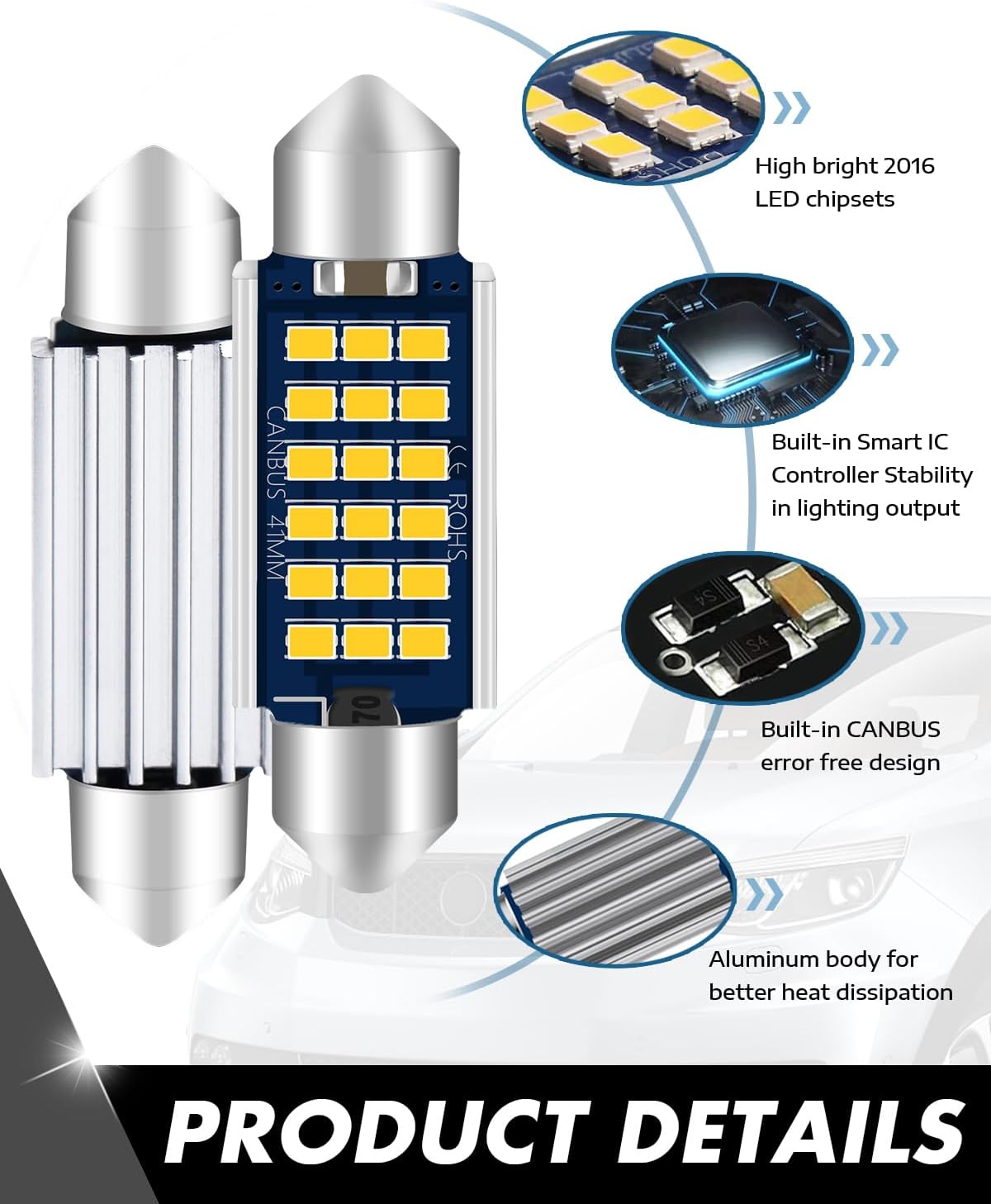 Detalle de Alopee 578 LED Festoon Bulb, 41mm Canbus 6 Pack – Warm White, 9-28V, 2W per bulb (C5W) for Car Interior