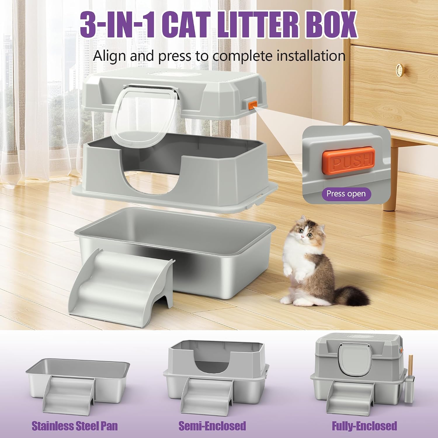 Detalle de Bartuke Enclosed XXL Stainless Steel Cat Litter Box with Lid, Step and Scoop