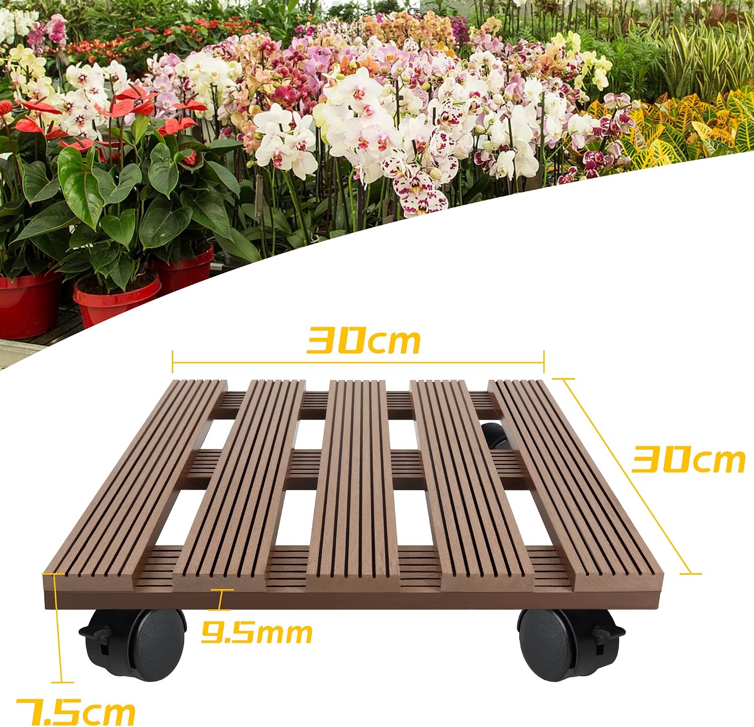 Detalle 2 de Suusolny suu08611 WPC-plantenroller, vierkant 30 x 30 cm met 360°-wielen en rem