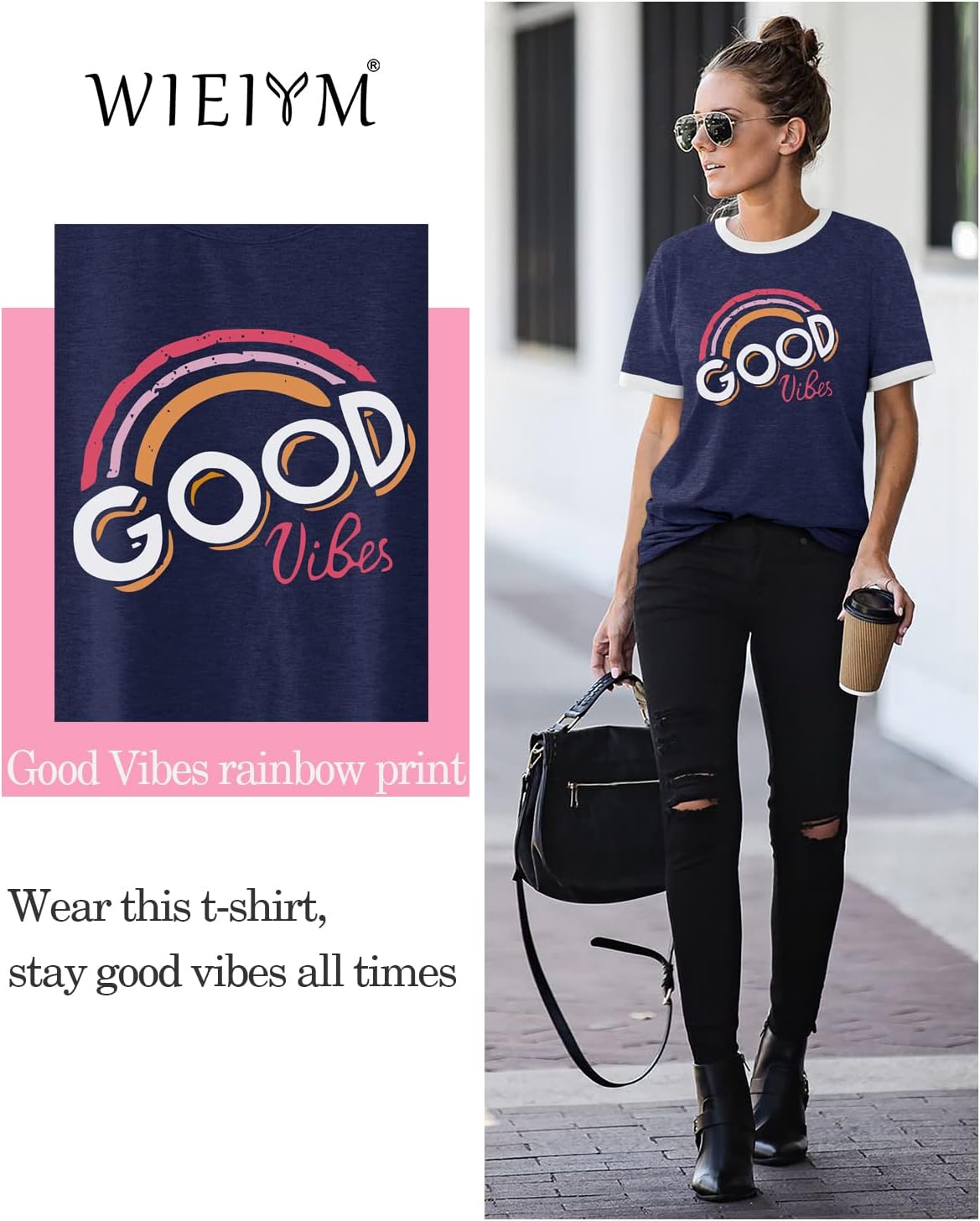 Thumbnail 3 de WIEIYM Women’s “Good Vibes” Rainbow Graphic T-Shirt (Short Sleeve, Round Neck) in S–XXL