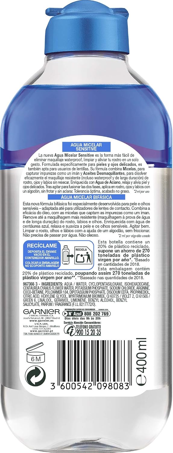 Detalle 2 de Garnier Skin Active micellair water 400 ml, 6 flacons voor gevoelige huid en ogen