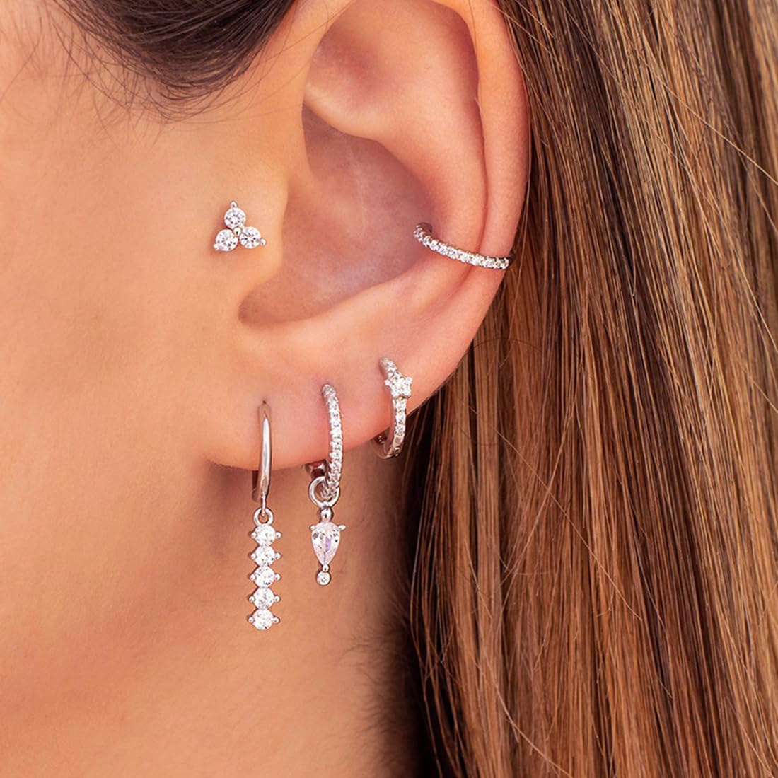 Detalle de Boucles d'oreilles Argent pour Femme – Ensemble Creoles petites et Zirconium Cubique, plaqué or 14K, hypoallergéniques