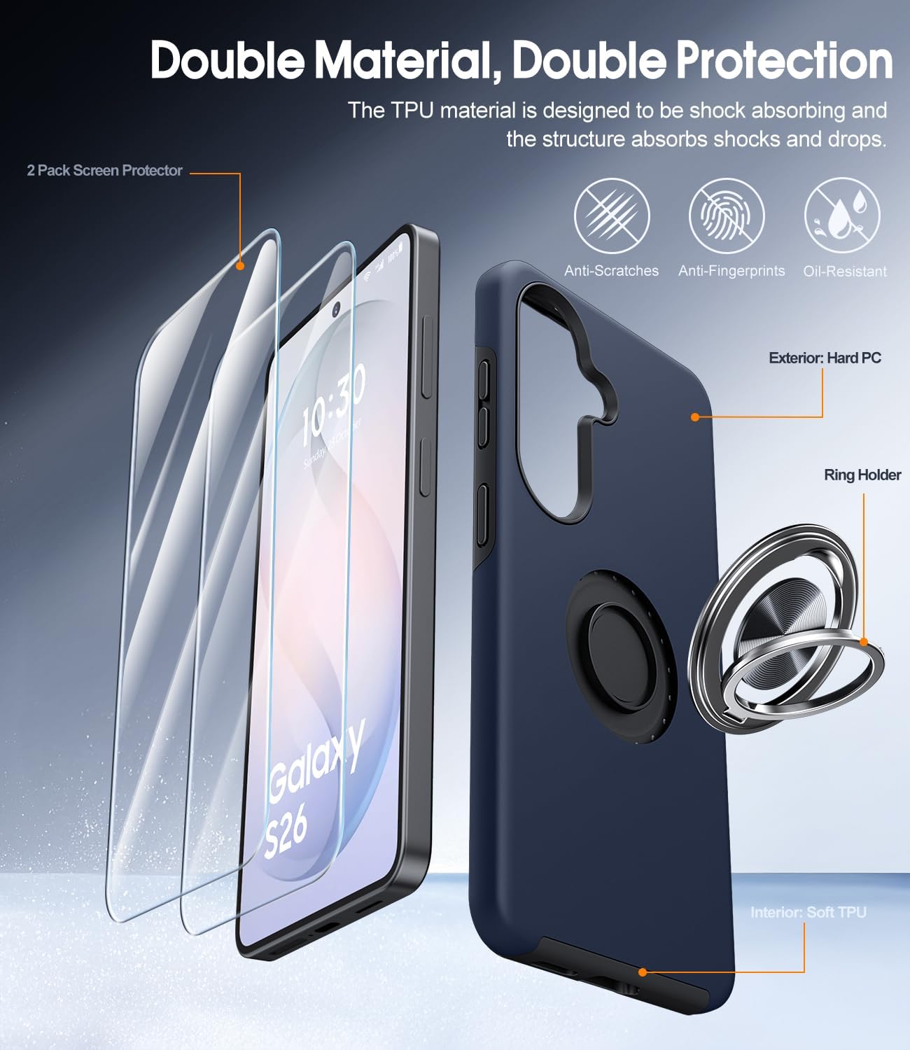 Detalle de AOUIA Galaxy S26 Case with 2-Pack Screen Protectors: 3-in-1 Navy Blue