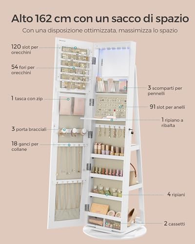 Detalle 2 de SONGMICS Specchio Portagioie JJC007W02 con 6 Luci LED, Armadietto Girevole a 360° e Alloggiamento in MDF su superficie Bianca