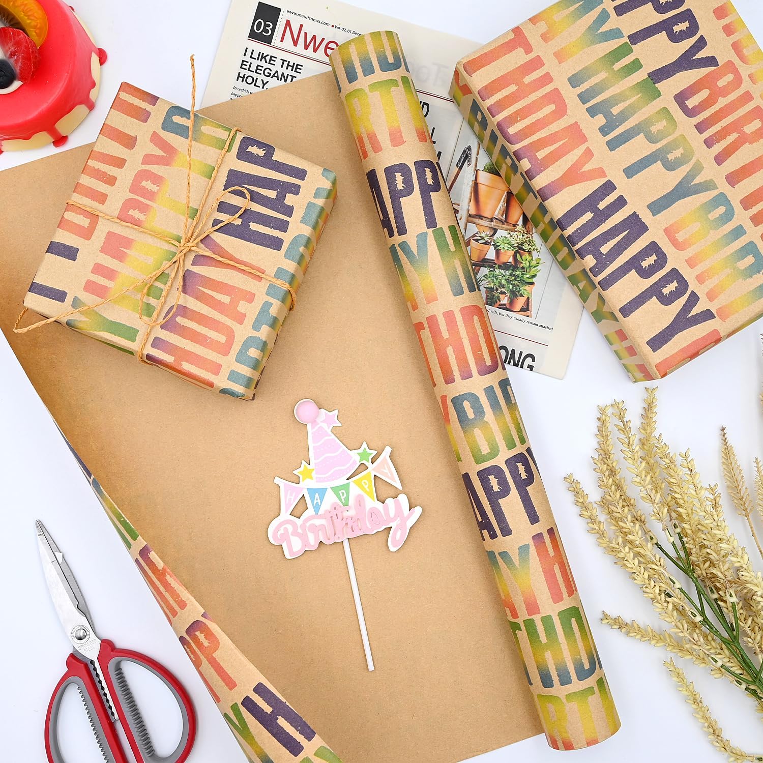 Thumbnail 5 de 43cm x 12m Colorful Birthday Wrapping Paper Roll – Kraft Eco Gift Wrap with “Happy Birthday” Text