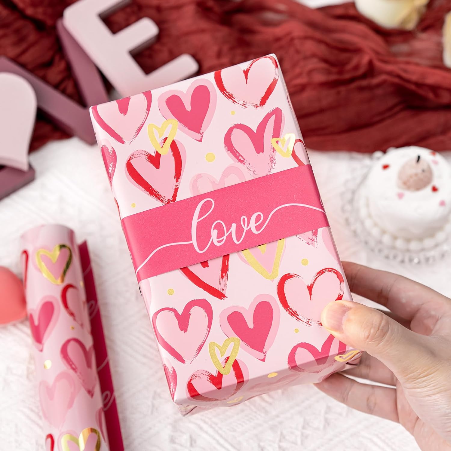 Thumbnail 2 de Wikadlik Geschenkpapier mit rosa Herzen, 43 cm x 10 m – Liebesschrift