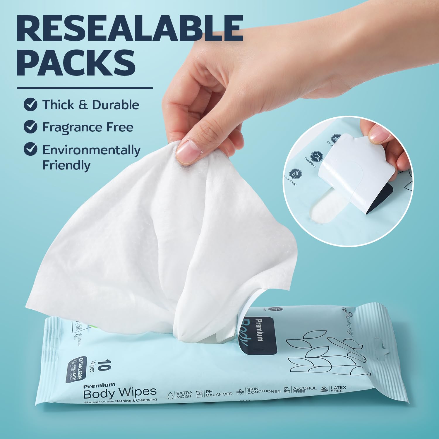 Detalle 2 de 60 XL Shower Wipes – Rinse-Free Body Wipes for Adults (6 Packs of 10) with Aloe & Vitamin E
