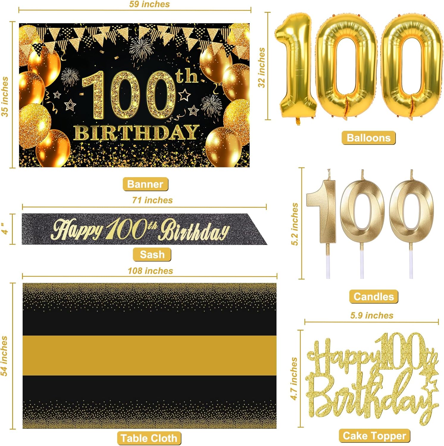 Detalle de 100th Birthday Decorations Set for Men and Women – Black and Gold Milestone Party Kit