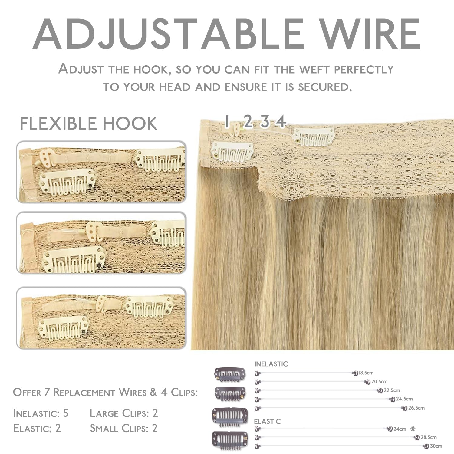 Detalle 2 de WENNALIFE 20-inch Remy Wire Hair Extensions — Light Blonde Highlighted Golden Blonde, 110g