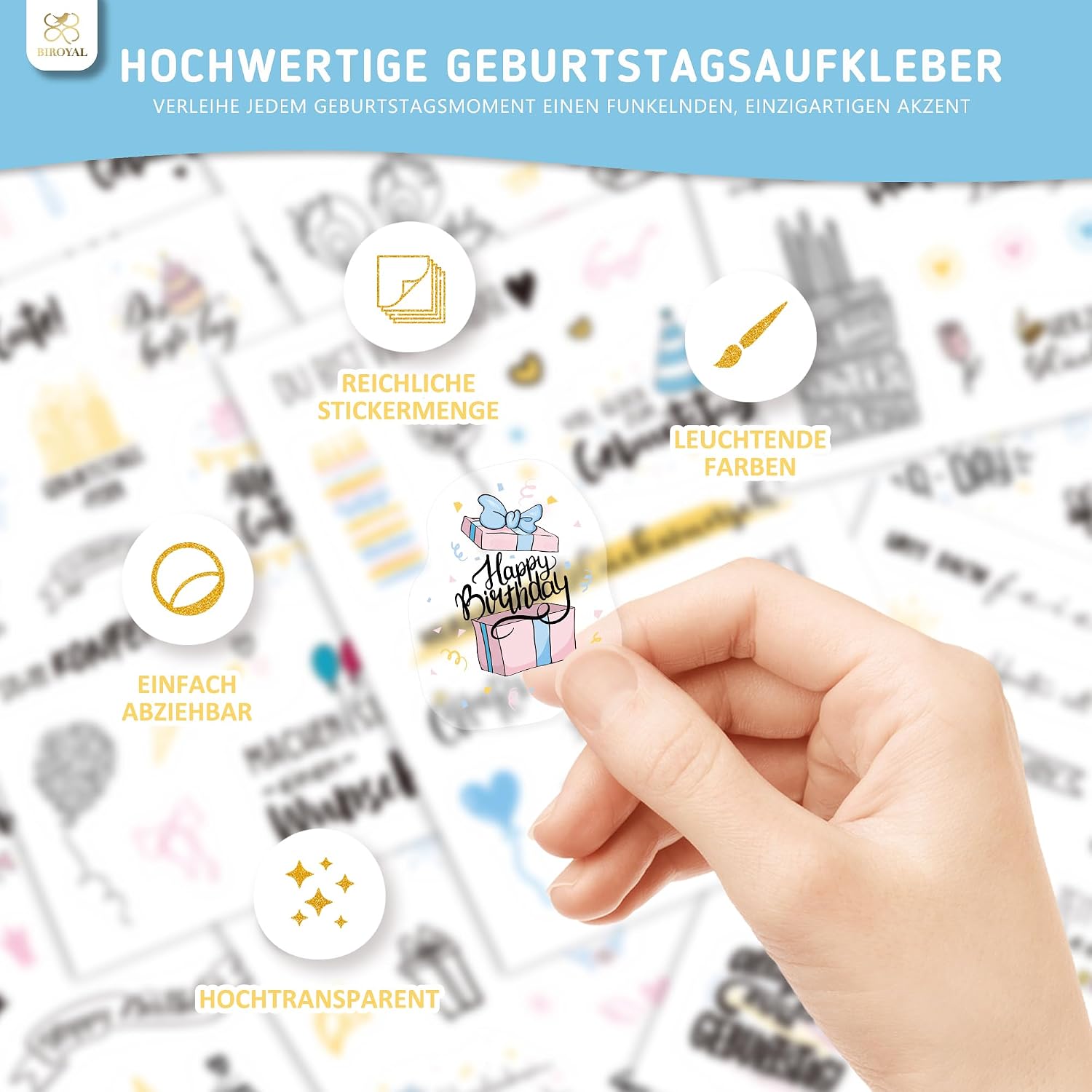 Detalle de BIROYAL 9 Blätter Sticker Geburtstag Set – Über 130 Sticker für Gästebuch, Fotoalbum und Karten