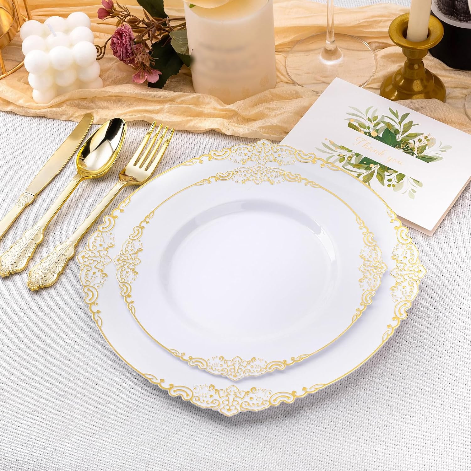 Detalle 2 de Bestluck 200 PCS White and Gold Plastic Plates 10.25