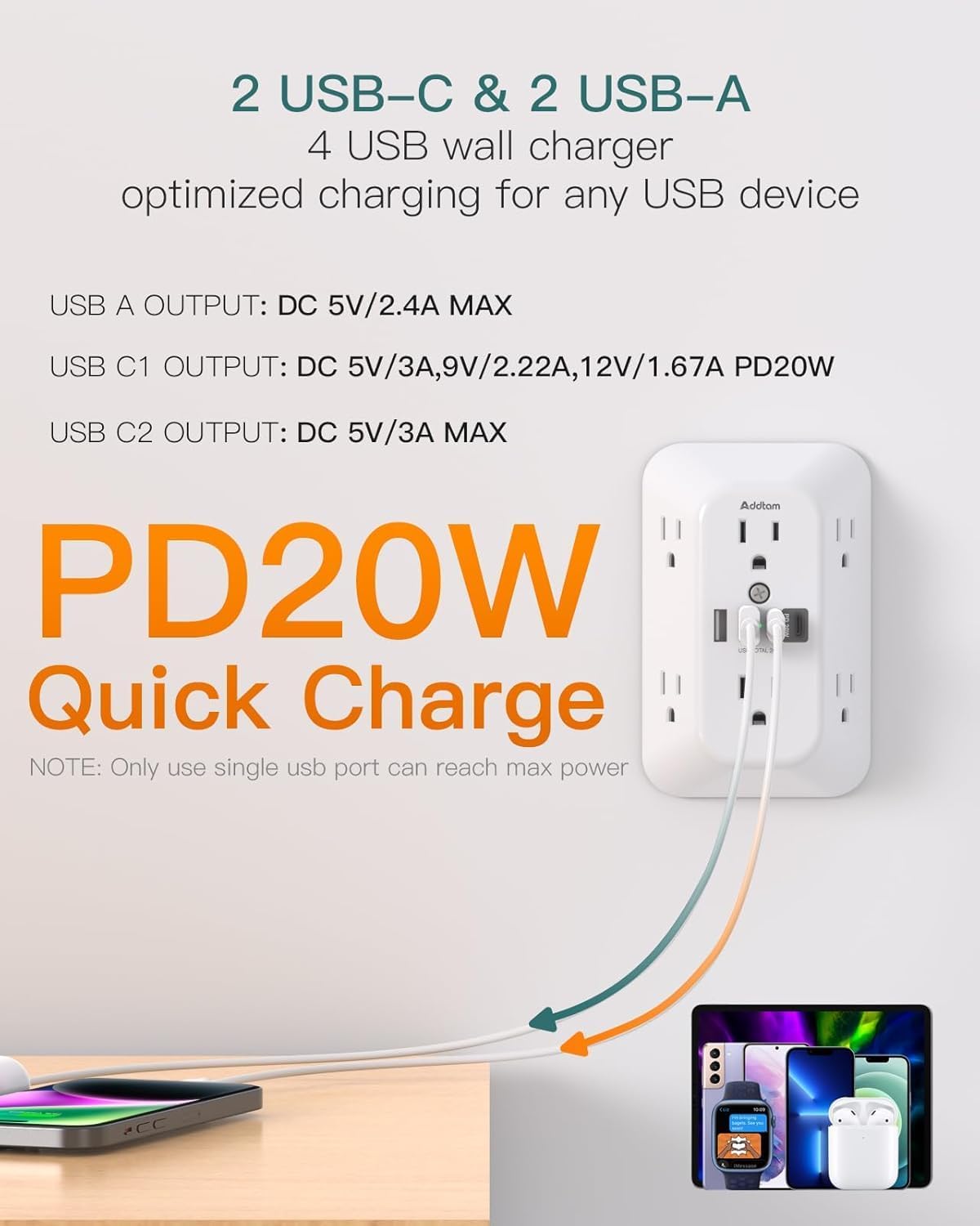 Detalle de Addtam Surge Protector Outlet Extender 1800J