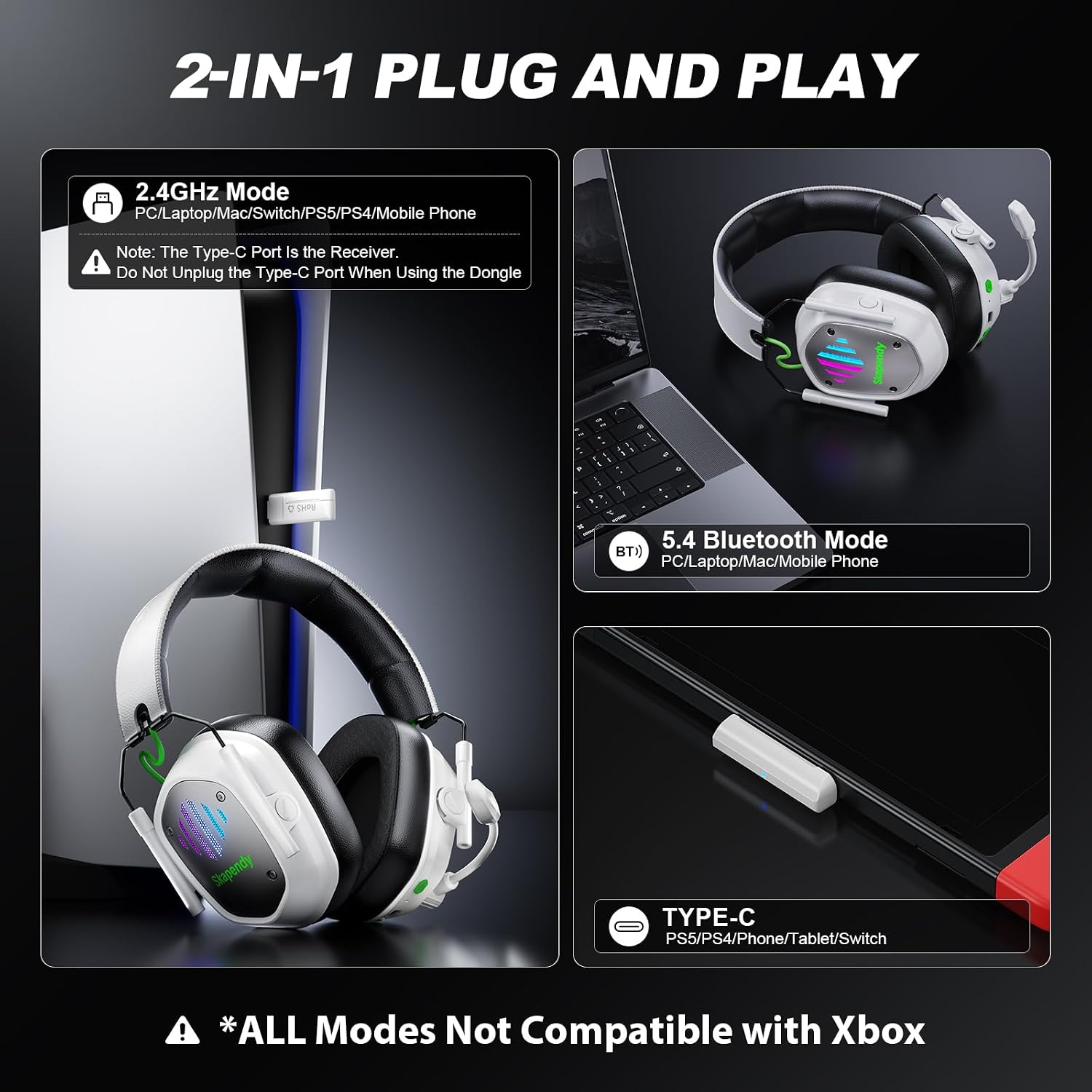 Thumbnail 6 de Skapendy Wireless Gaming Headset (2.4GHz USB & Type-C, ENC Mic, 50mm Drivers) for PC, PS5, PS4, Switch, Mac & Mobile