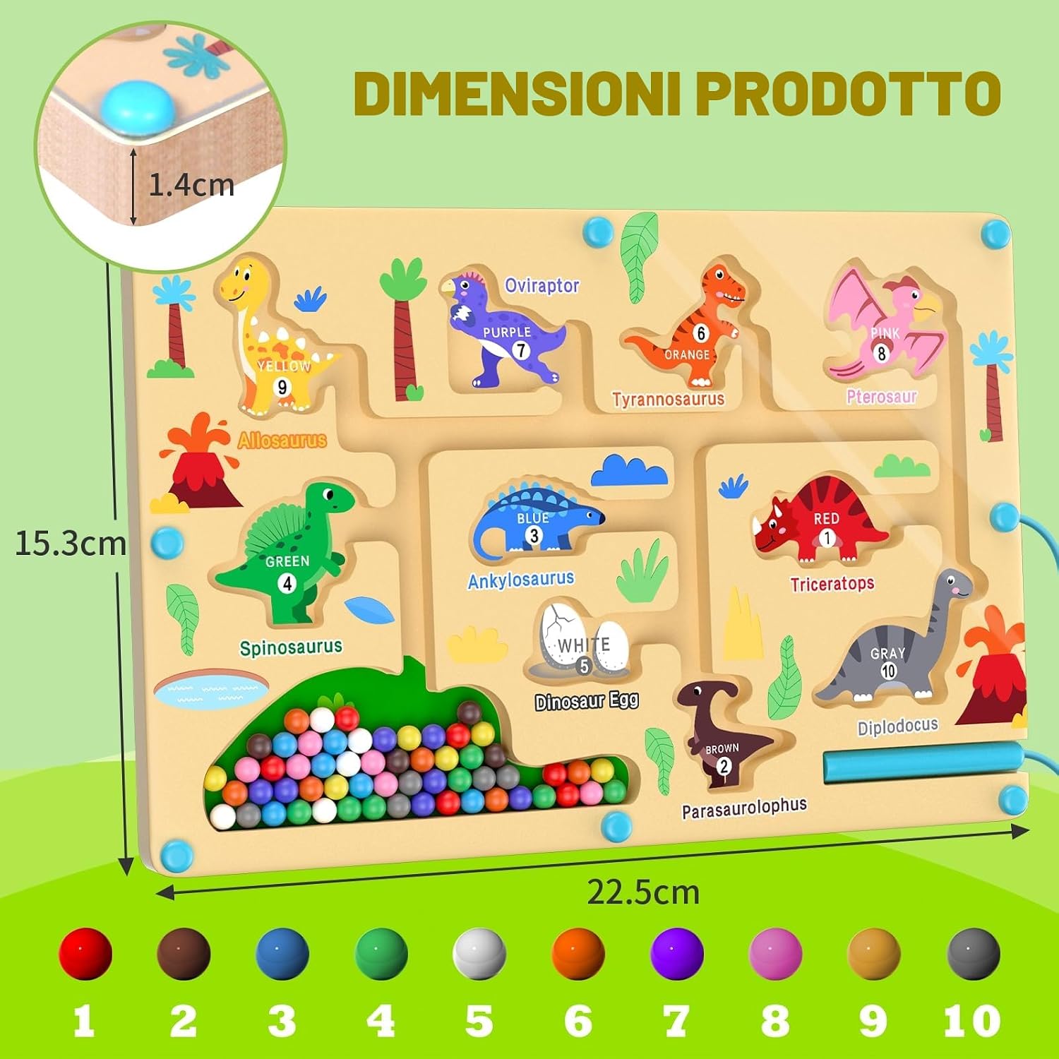 Thumbnail 6 de Giochi Montessori dinosauro labirinto magnetico in legno con numeri 1–10 e 55 perline colorate