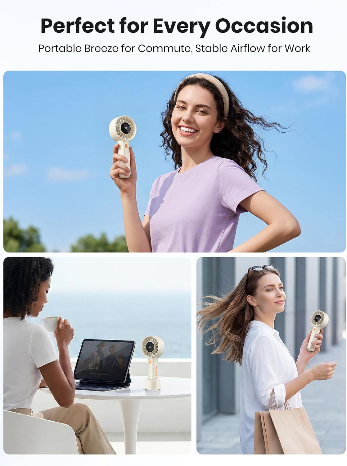 Thumbnail 6 de Warmco Portable Handheld Turbo Fan 5000mAh – 4-Speed Mini Fan with Base & Lanyard, USB Rechargeable, White