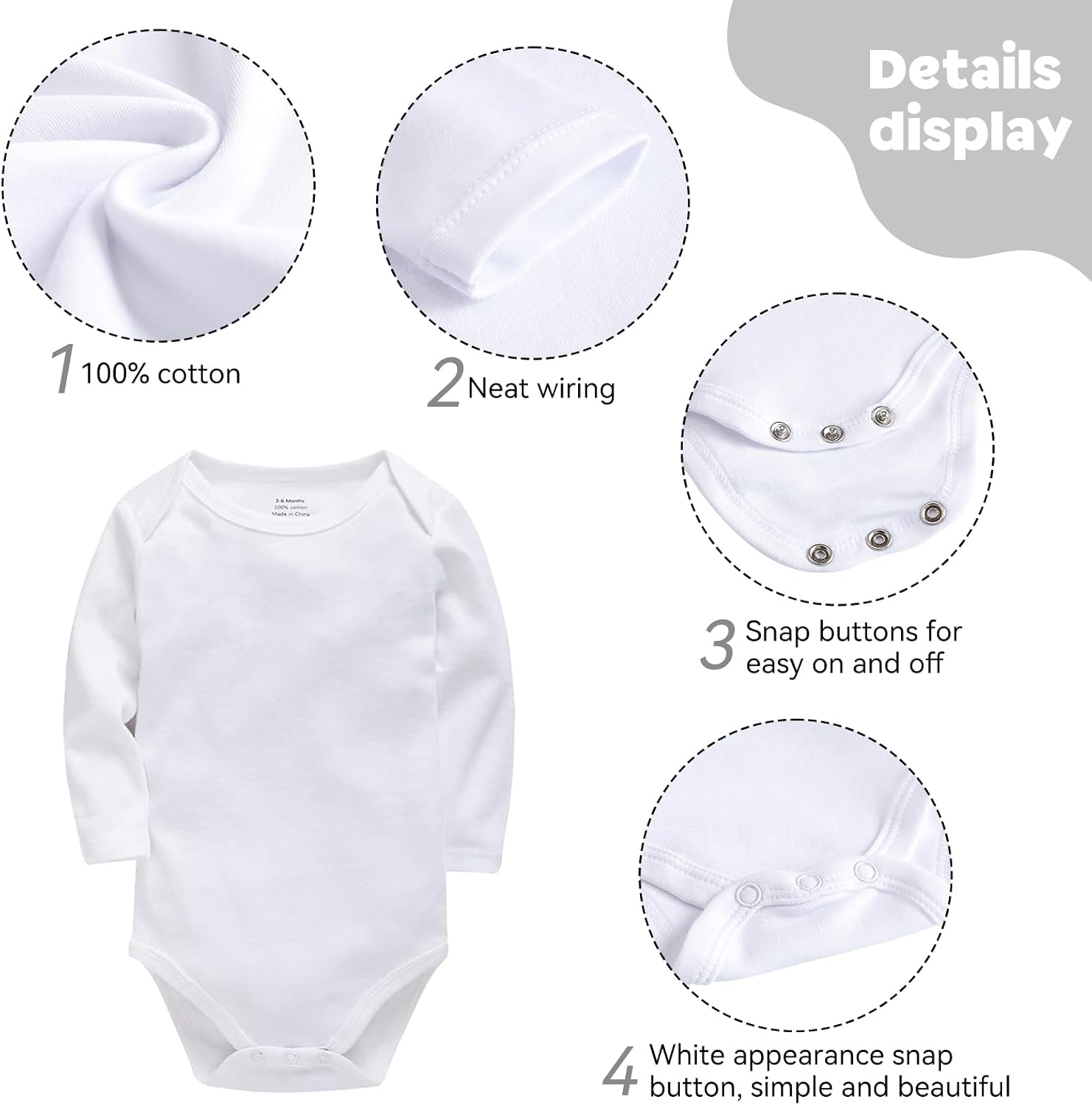 Thumbnail 3 de Wocharm long sleeve baby bodysuit vests (3-pack) in cotton for boys and girls