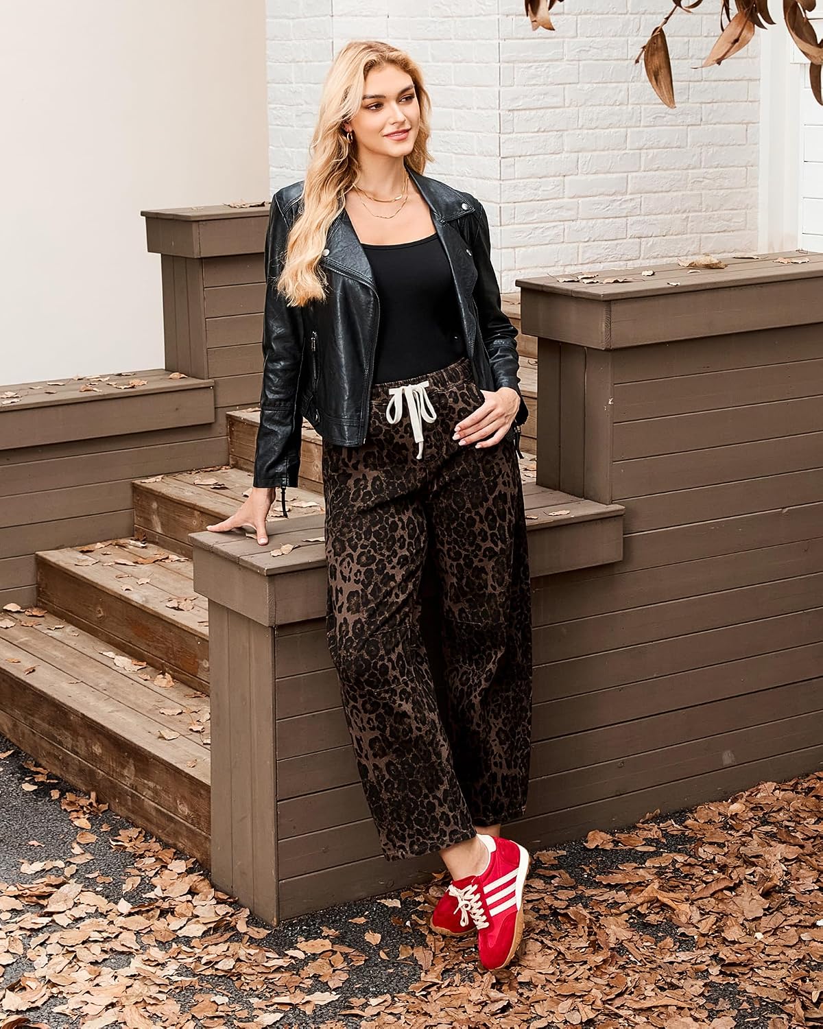 Detalle de GRAPENT Barrel Jeans for Women: High-Waisted Pull-On Leopard Cropped Wide-Leg Denim