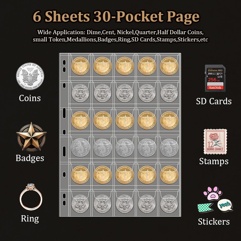 Detalle de Vicloon: pagina di rilegatura per monete, set da 6 fogli con tasche 12/30, PVC trasparente