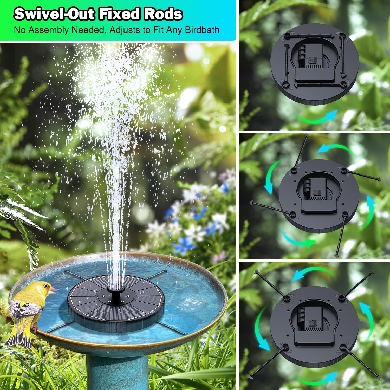 Thumbnail 3 de SZMP Solar Fountain Colorful LED with 3-Level Height, 7 Nozzles and 270° Rotating Rods