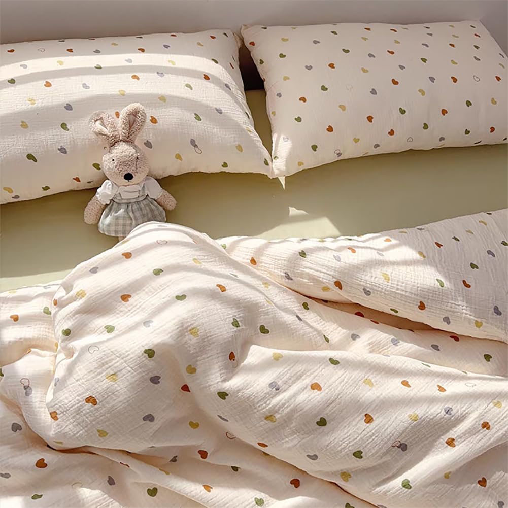 Detalle de AShanlan Kinderbettwäsche 135x200 Musselin – Bunte Herzen, OEKO-TEX, mit Reißverschluss
