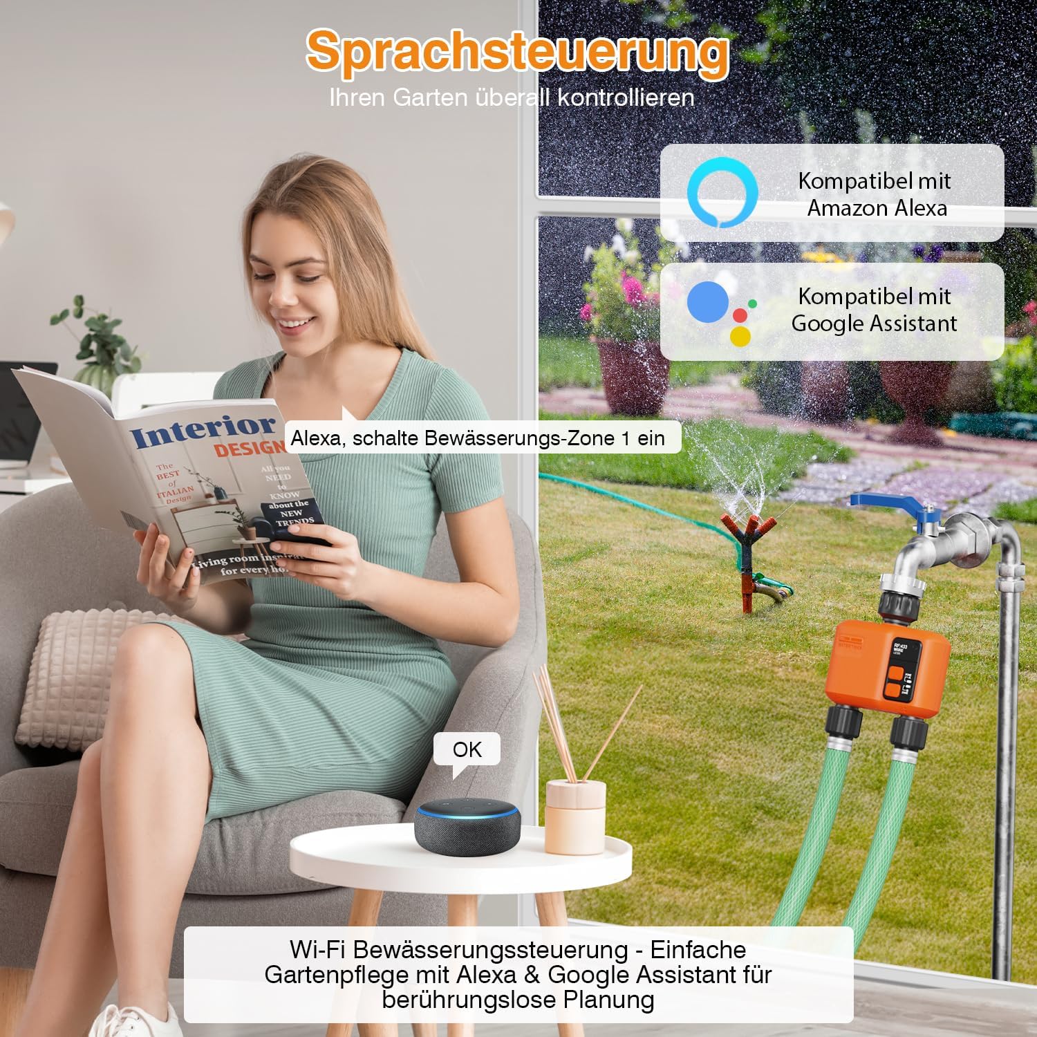 Thumbnail 2 de XinFuture WLAN-Bewässerungscomputer mit 2 Ausgängen: Reichweite, App- und Sprachsteuerung, Regenverzögerung