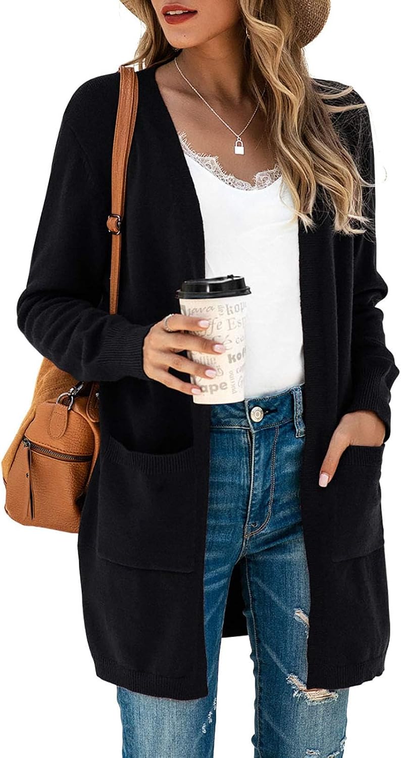 Thumbnail 6 de Saodimallsu Damen Strickjacke – langer, leichter Cardigan mit offenem Vorderteil, V-Ausschnitt und Taschen