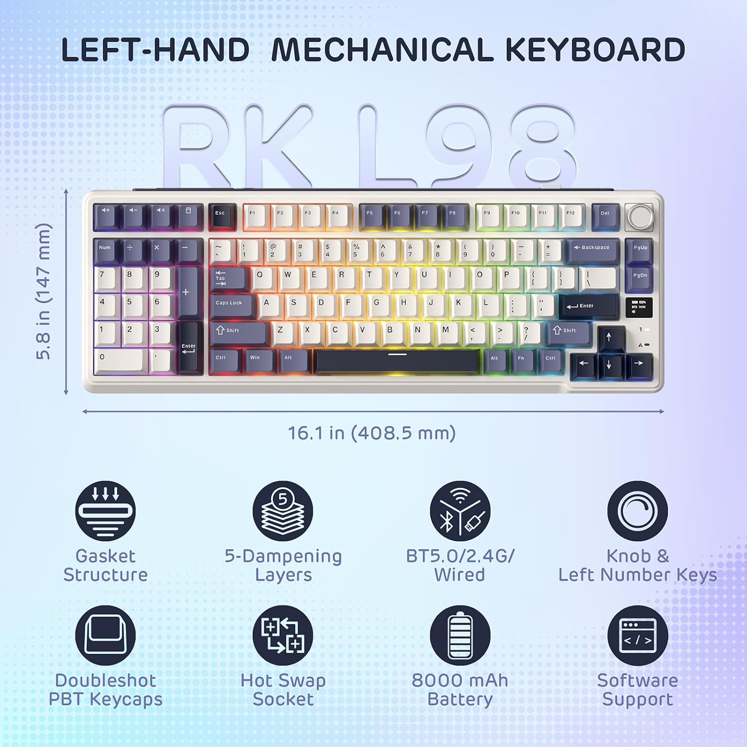 Detalle de RK ROYAL KLUDGE L98 Wireless Mechanical Keyboard with Left-Side Numpad