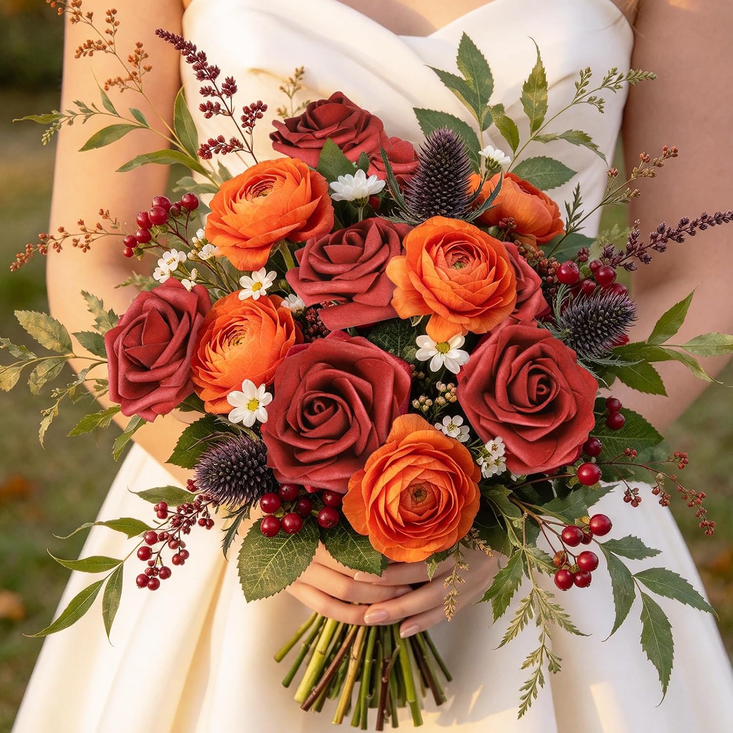 Detalle de AmyHomie Dark Red Rose Artificial Flowers – 25 Real-Looking Roses with Bendable Stems