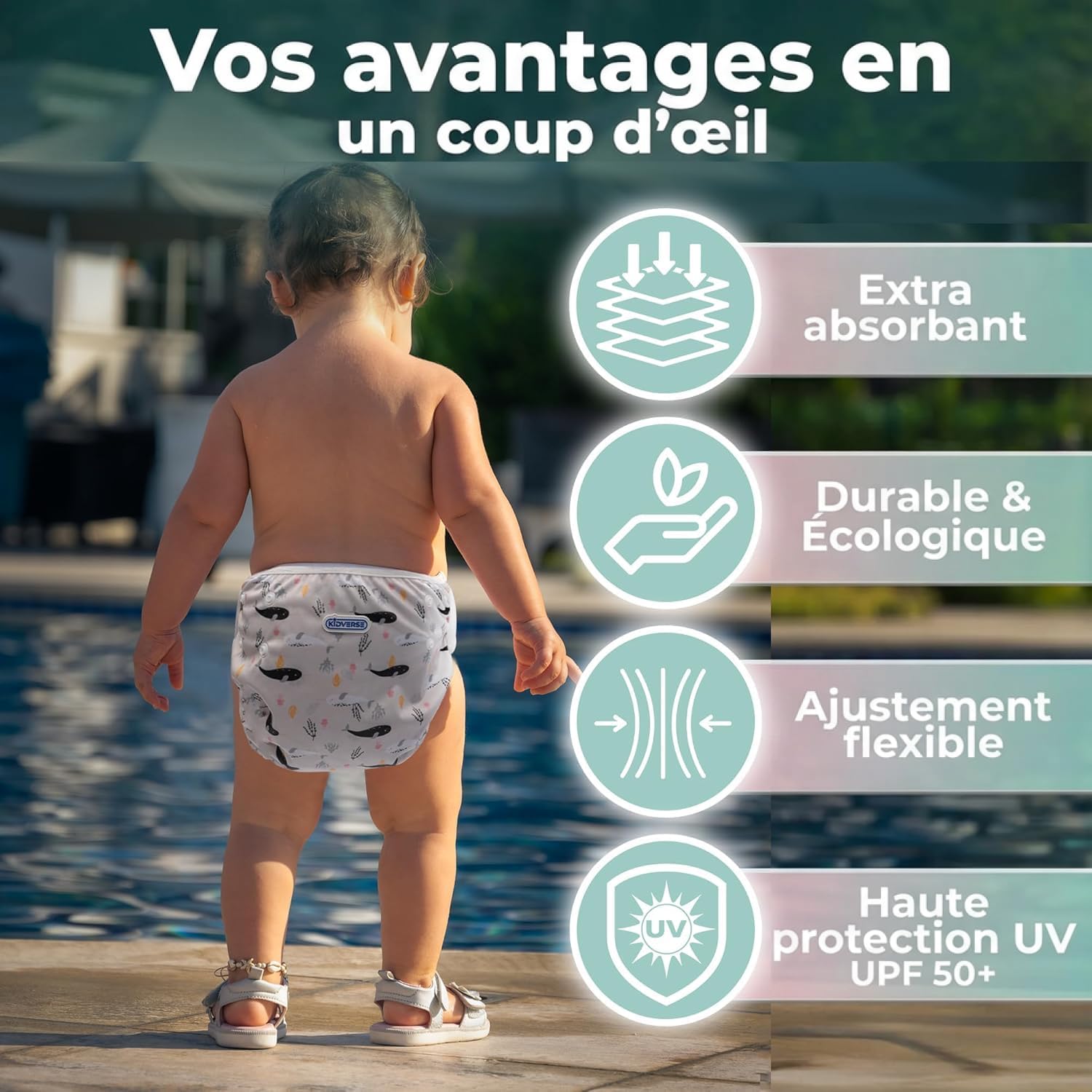 Detalle 2 de KIDVERSE 2er Set Schwimmwindel Baby (0–3 Jahre) – wiederverwendbar, hautfreundlich mit Tasche & Wäschenetz