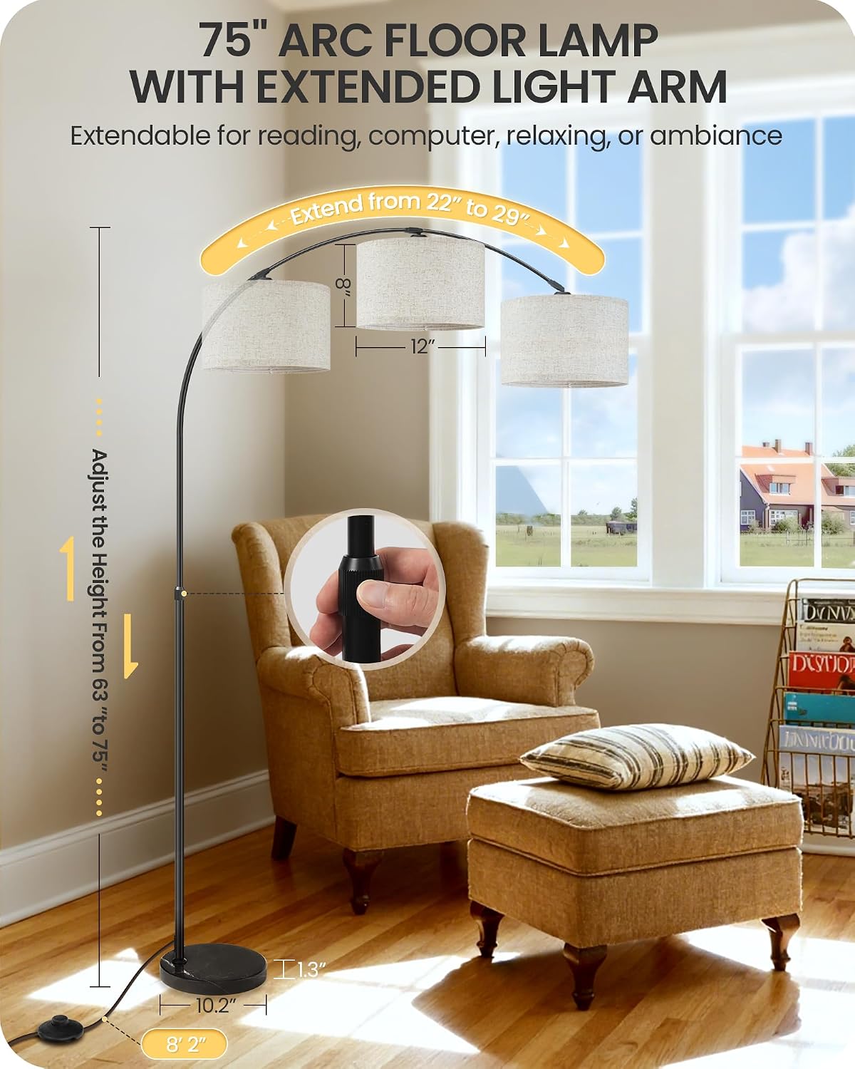 Thumbnail 6 de GOEBLESON Arc Floor Lamp with LED Bulb & Remote Control – Stepless Dimming, Colour Temperature, and Rotating Head