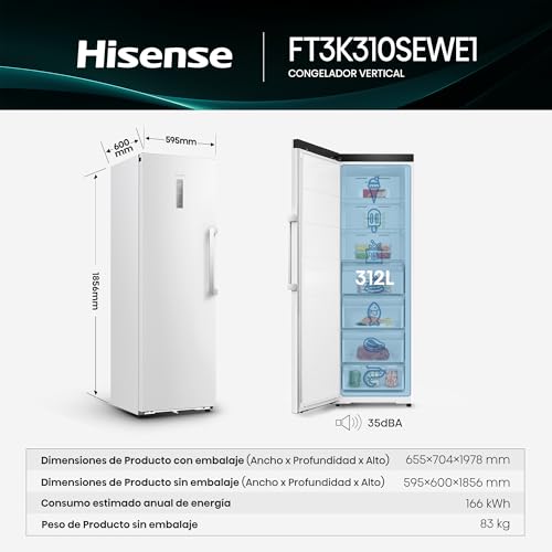 Detalle 2 de Hisense FT3K310SEWE1 Congelador 1 Puerta Total No Frost Kitchen Fit (312 L) Blanco