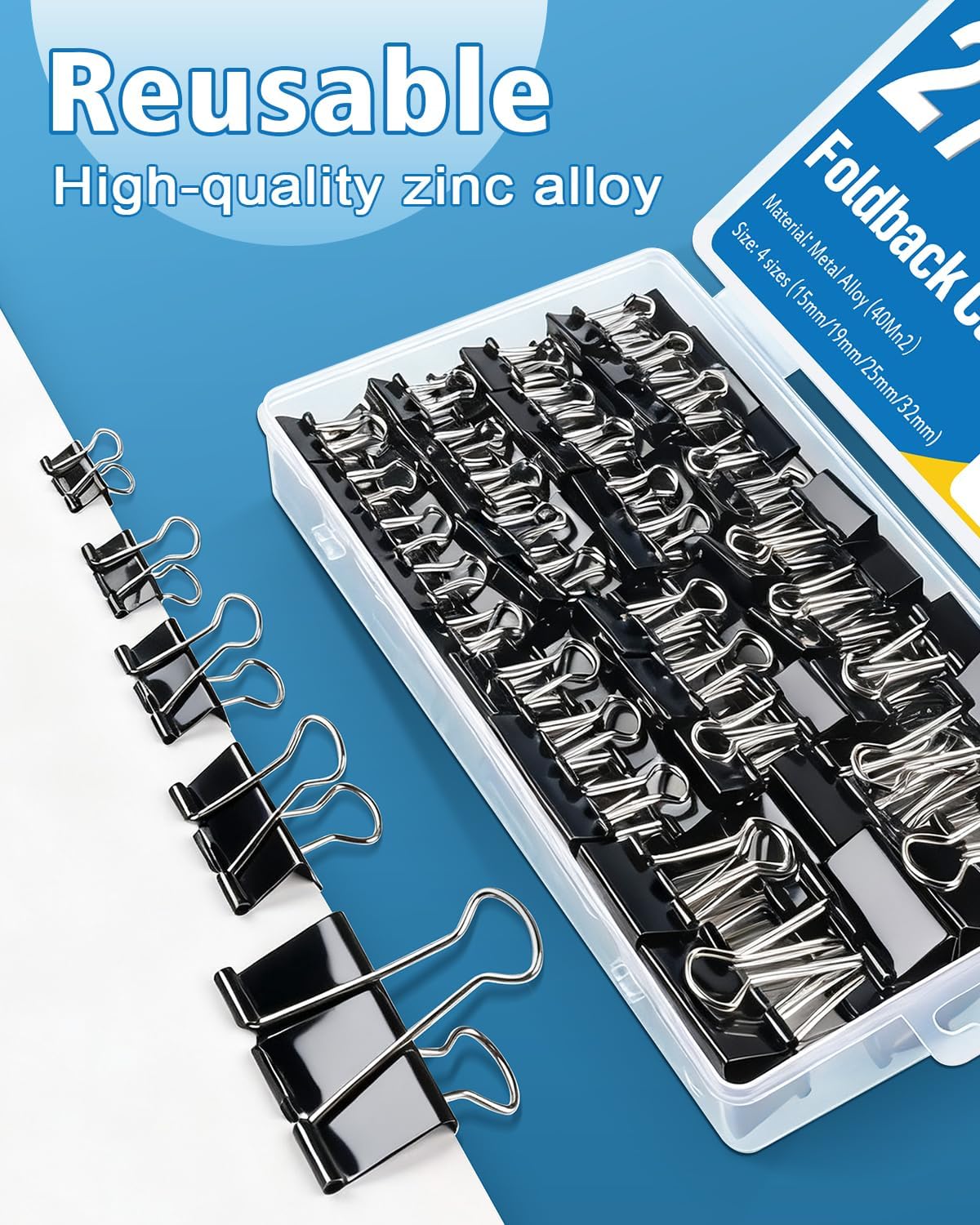 Thumbnail 4 de Caianwin 170-teilige schwarze Foldback-Klammern im Set (15/19/25/32 mm) – Dokumentenclips aus Metall