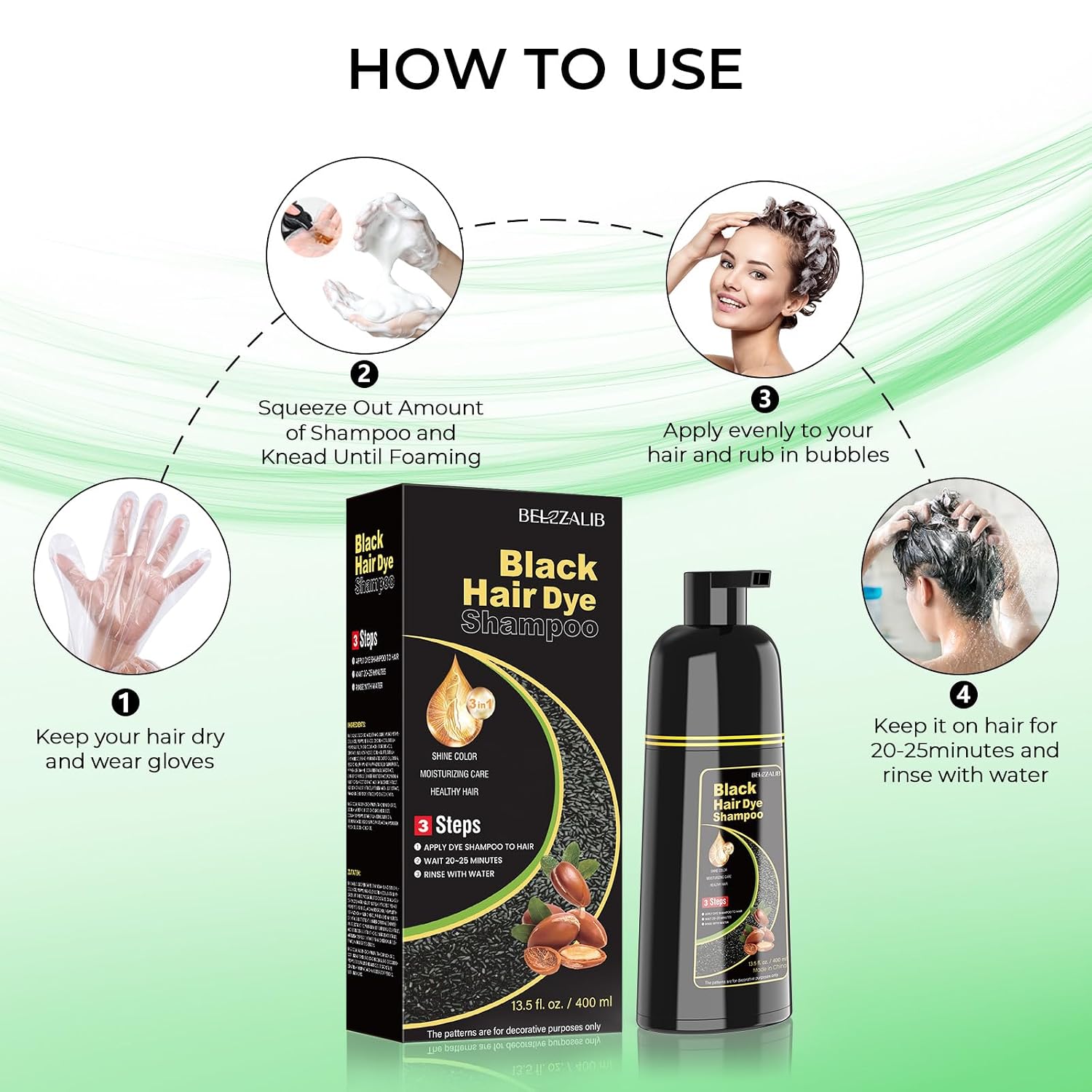 Detalle de BELEZALIB Black Hair Dye Shampoo, 3-in-1 Gray Coverage, 13.5 oz