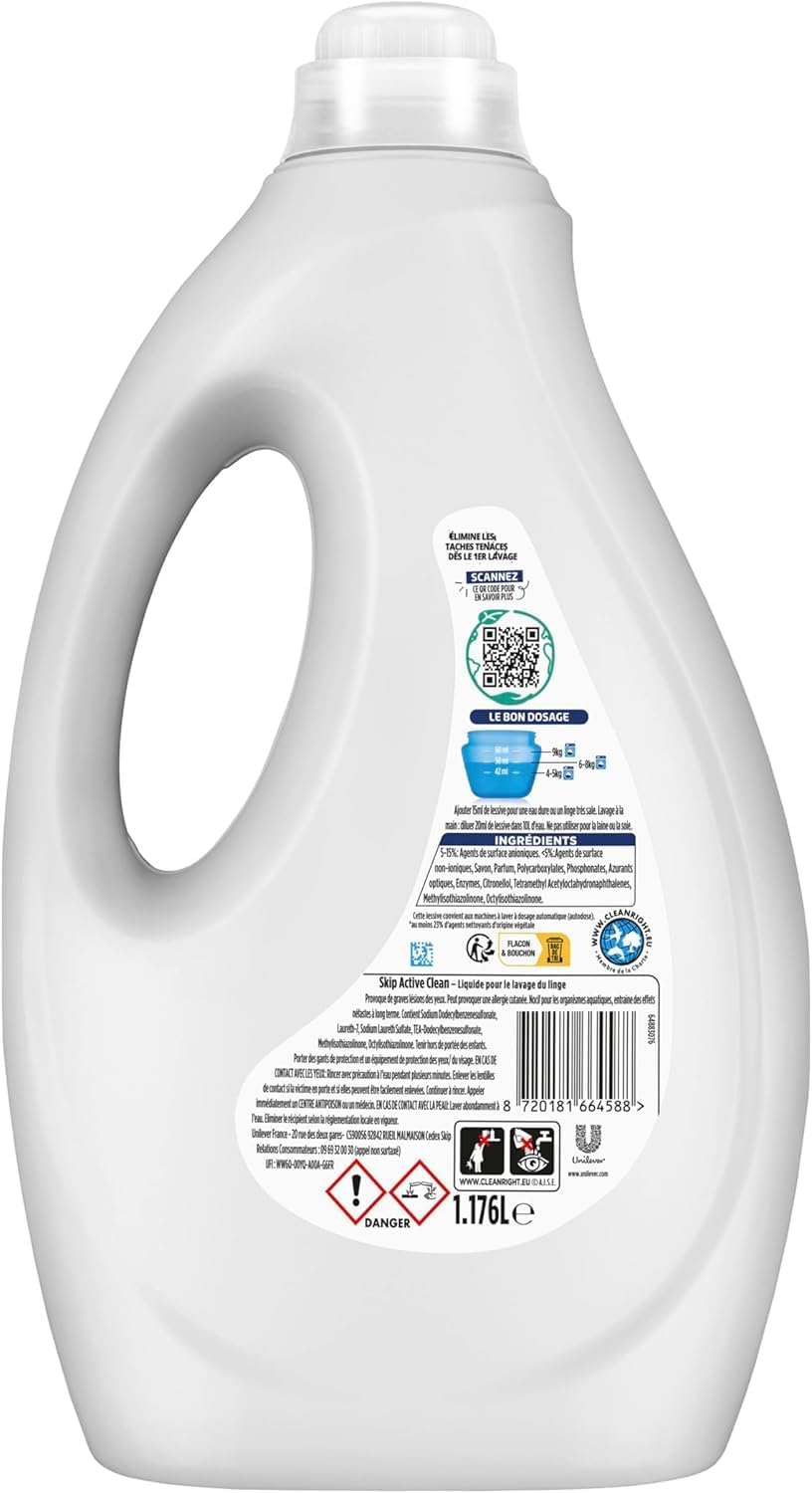 Detalle de Skip Lessive Liquide Active Clean – Propreté impeccable et fraîcheur longue durée, 28 lavages