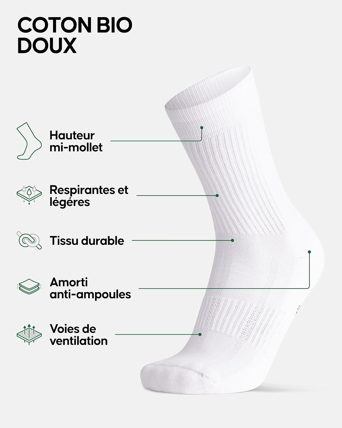 Detalle de DANISH ENDURANCE Chaussettes de Tennis – Rayées en coton bio, rembourrées, lot de 3 ou 6