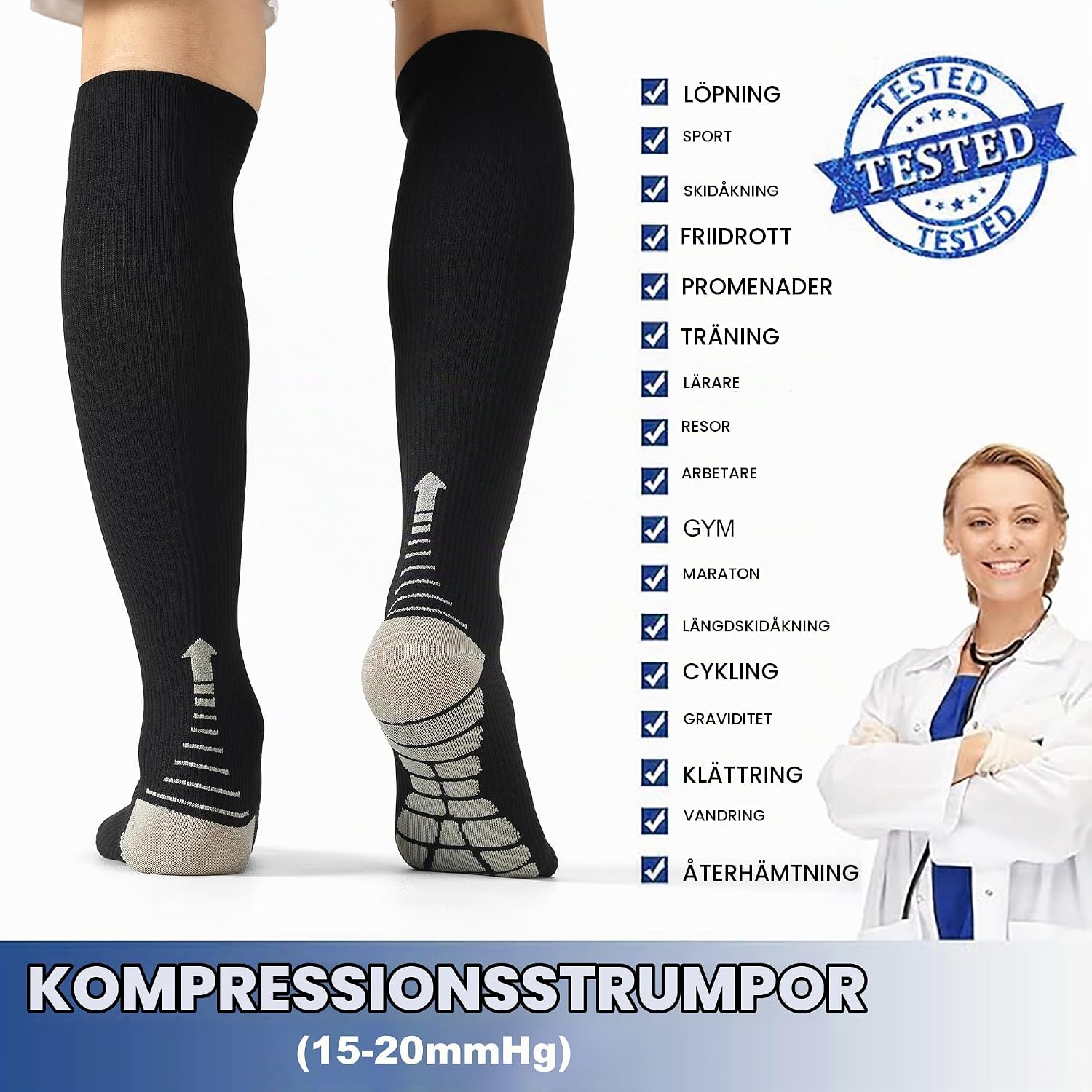 Detalle de BISOUSOX kompressionsstrumpor 15–20 mmHg, unisex, 2 par