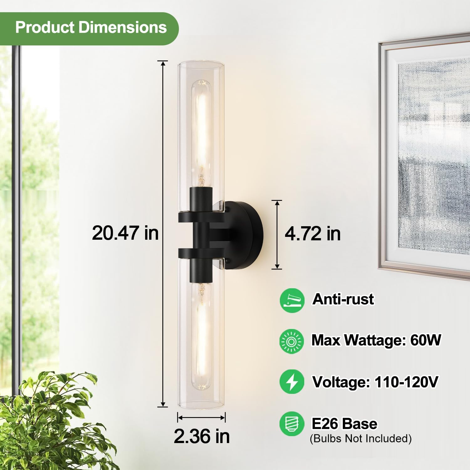 Detalle 2 de Indoi YX-050 Wall Sconces, Matte Black Metal and Clear Glass, Set of 2