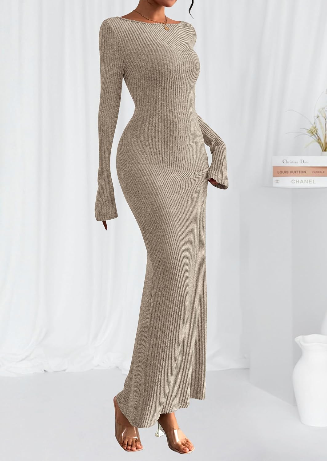 Detalle de PRETTYGARDEN Ribbed Long-Sleeve Maxi Dress for Women