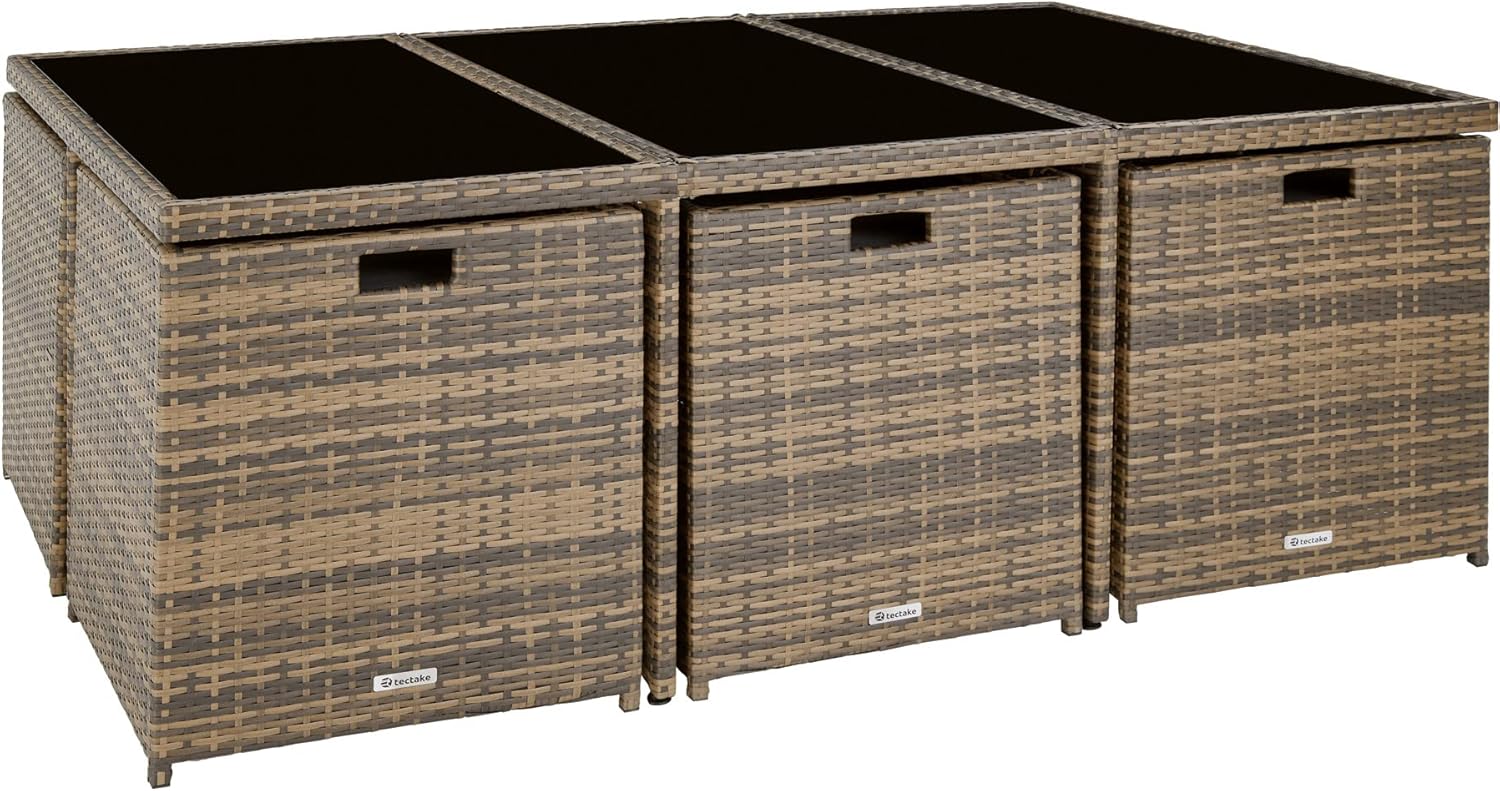 Detalle 2 de tectake® Polyrattan Gartenmöbel Set: Lounge-Set mit 6 Stühlen, Glas-Tischplatte und 4 Hockern – klappbar, Aluminium-Gestell, inkl. 2 Bezugssets (Natur)