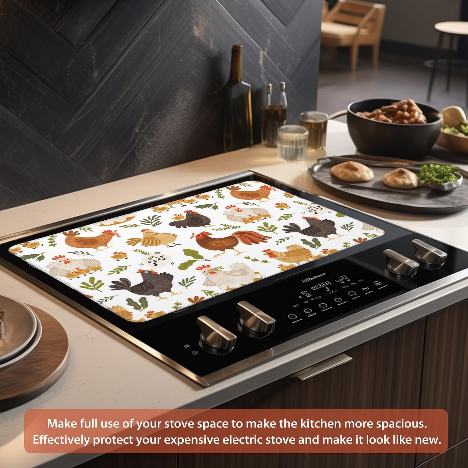 Detalle de Kazxcoa Roosters Chickens Hens Stove Top Cover, 28 x 19.5-Inch Rubber Mat