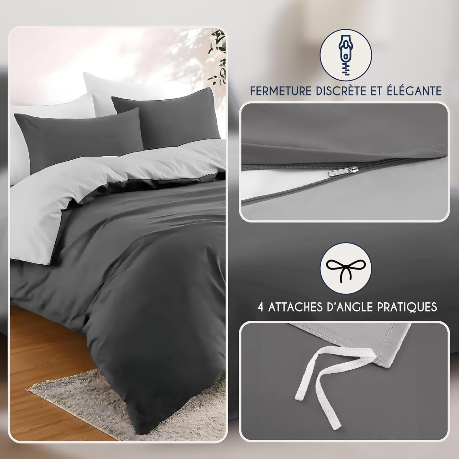 Thumbnail 2 de Dreamzie Parure de lit 240x220 cm en microfibre (grande housse + 2 taies 65x65) gris foncé/gris clair