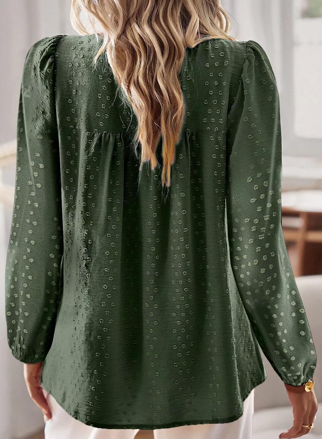 Detalle de Falechay Women's Long-Sleeve Boho Blouse with Crochet Lace and Swiss-Dot Details