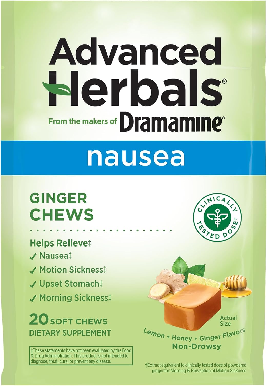 Detalle de Dramamine Advanced Herbals Ginger Chews, 20 Count, Honey Lemon Ginger
