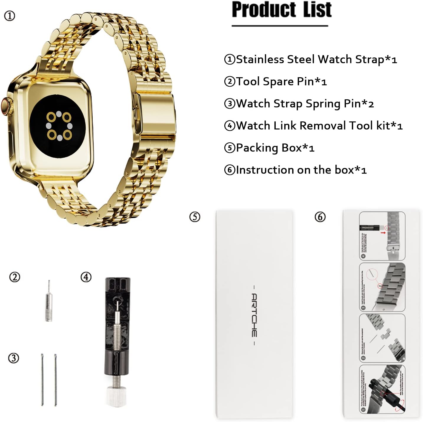 Thumbnail 6 de ARTCHE Slim watch strap for Apple Watch 42mm/41mm/40mm (gold) – thin stainless steel adjustable band