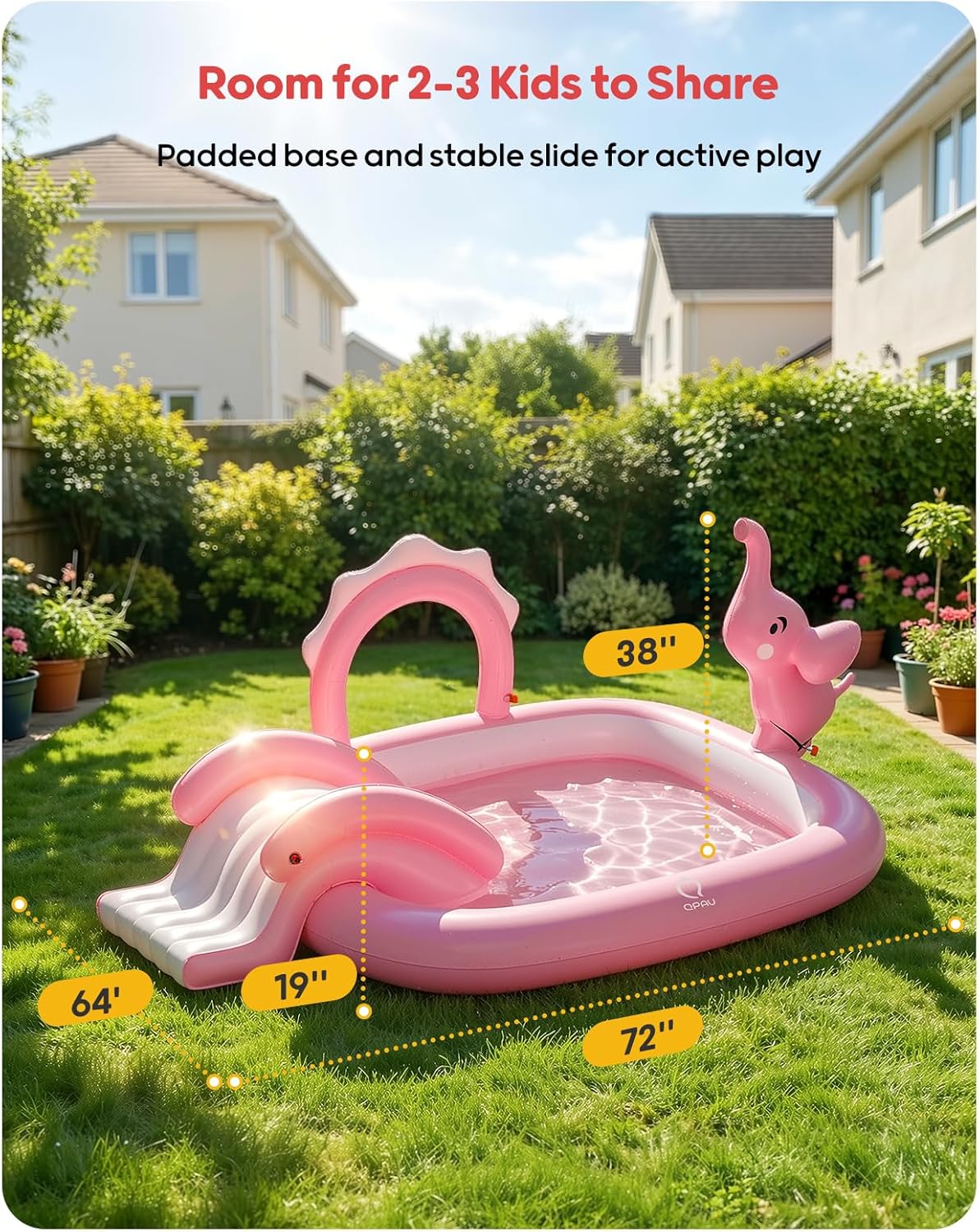Detalle 2 de QPAU Elephant Kids Pool with Slide and Sprinkler: 72 x 64 x 37 in Inflatable Play Center