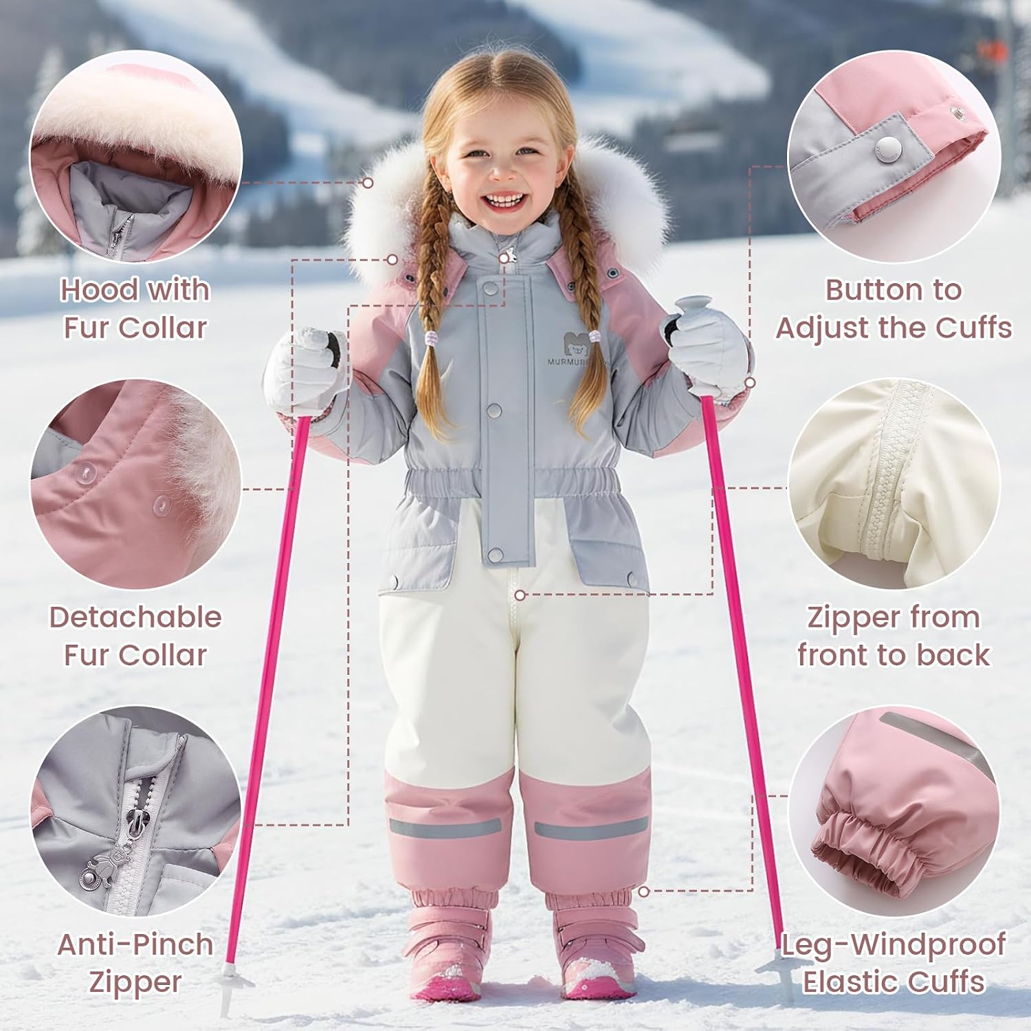 Detalle 2 de JiAmy Kids One-Piece Snowsuit, Fleece-Lined with Faux-Fur Hood